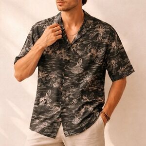 Brigata‎ 100% Silk Hawaiian Hula Tropical Camp Collar Shirt Black Gray Size XL